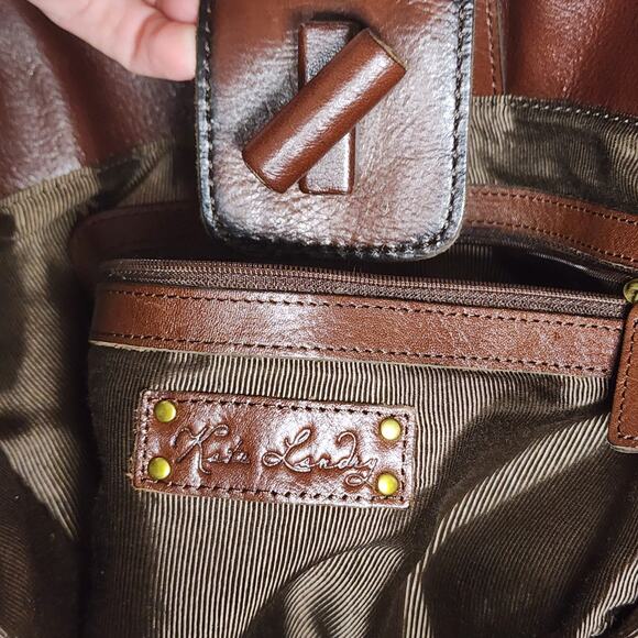 Kate Landry Large Tote Bag Leather Chocolate Brown Brass Links Flap Turn Lock - Picture 8 of 10
